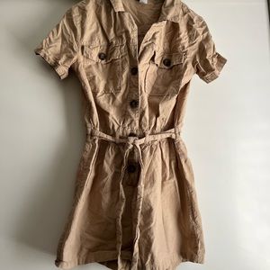 Shorts jumpsuit outfit in tan